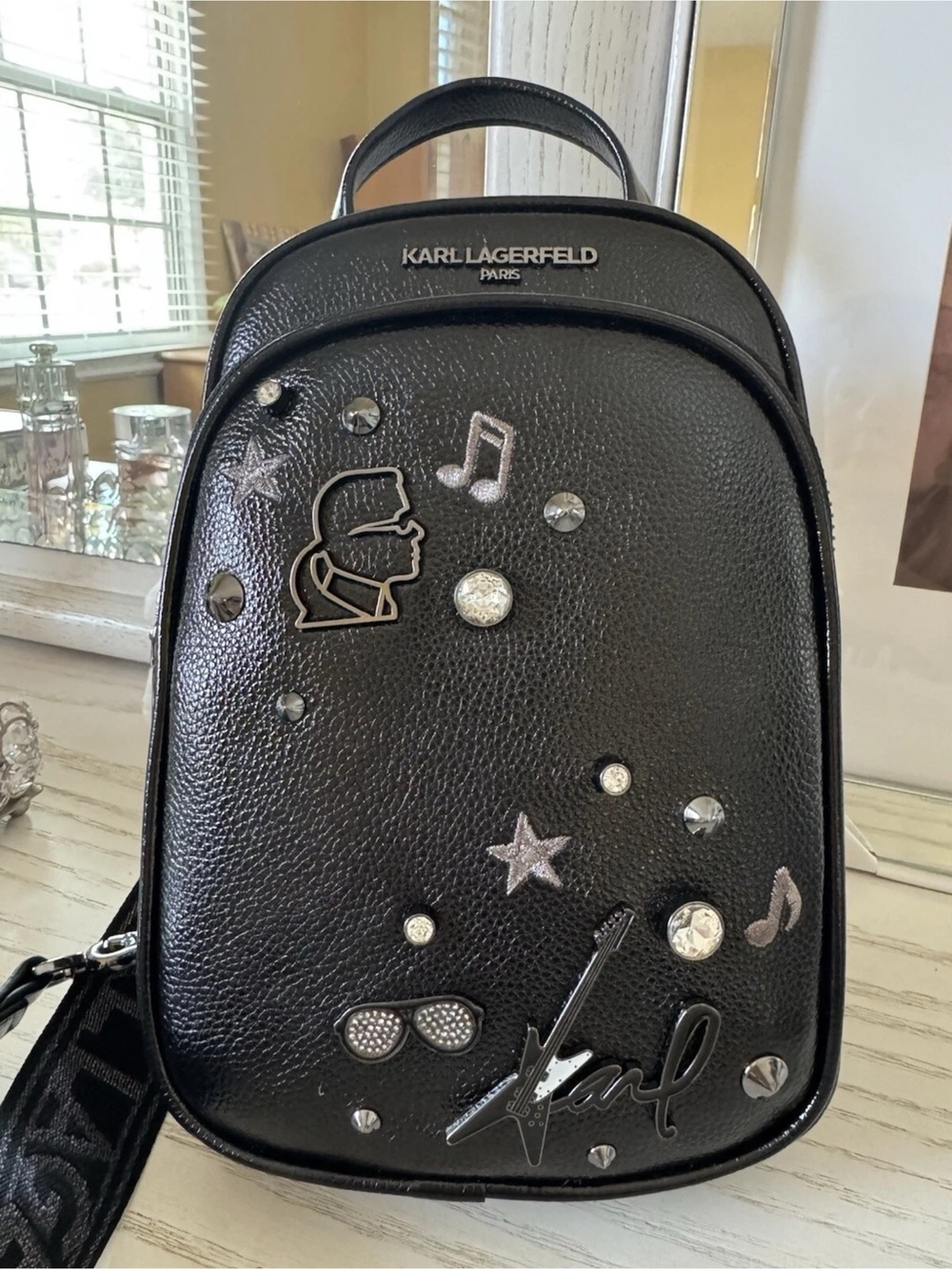 Karl Lagerfeld Black Embellished Pebbled Mini Backpack